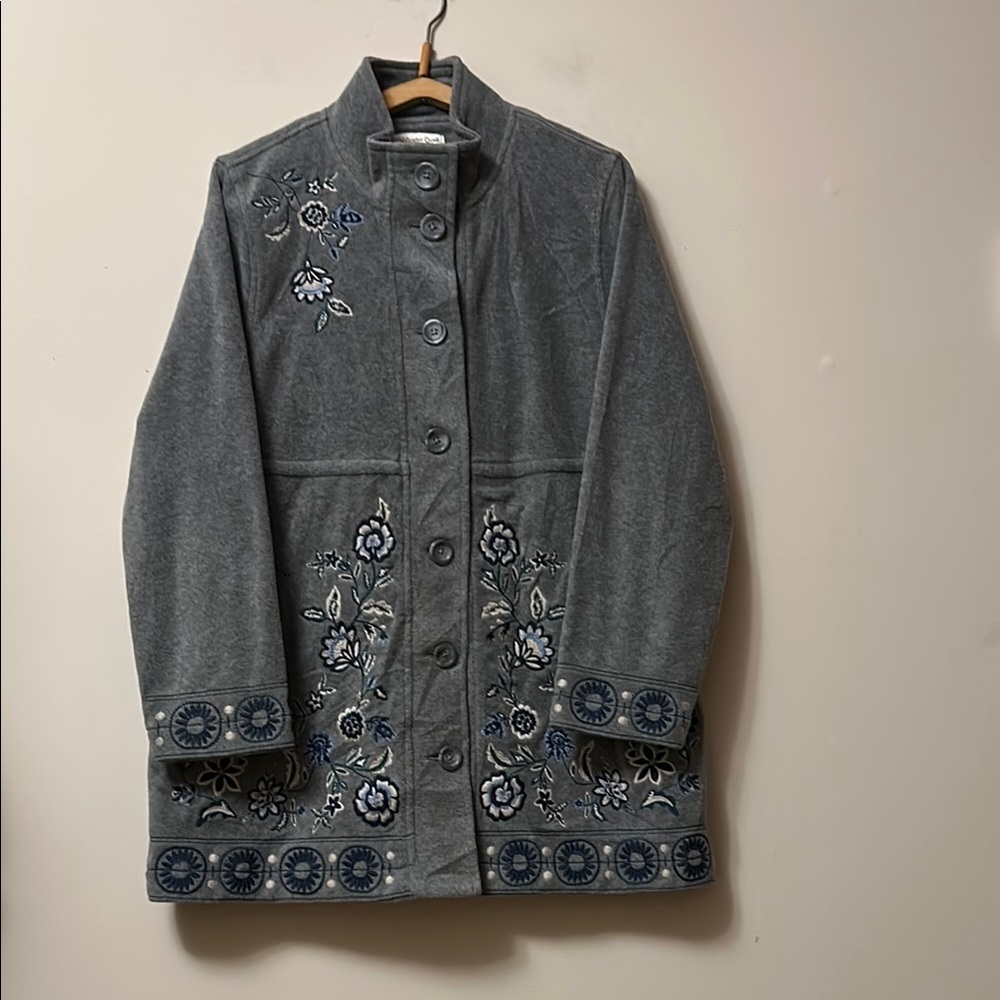 Cold-water Creek button up embroidered gray fleece jacket new condition size pm
